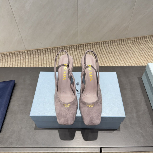 PRADA 26S LOW HEEL SQUARE TOE SLINGBACK SHOES 85MM IN TAUPE BROWN SUEDE