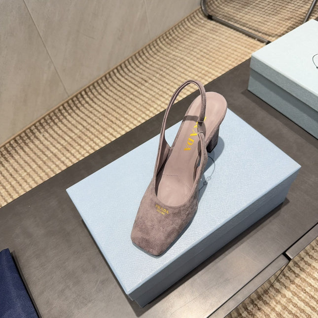 PRADA 26S LOW HEEL SQUARE TOE SLINGBACK SHOES 85MM IN TAUPE BROWN SUEDE