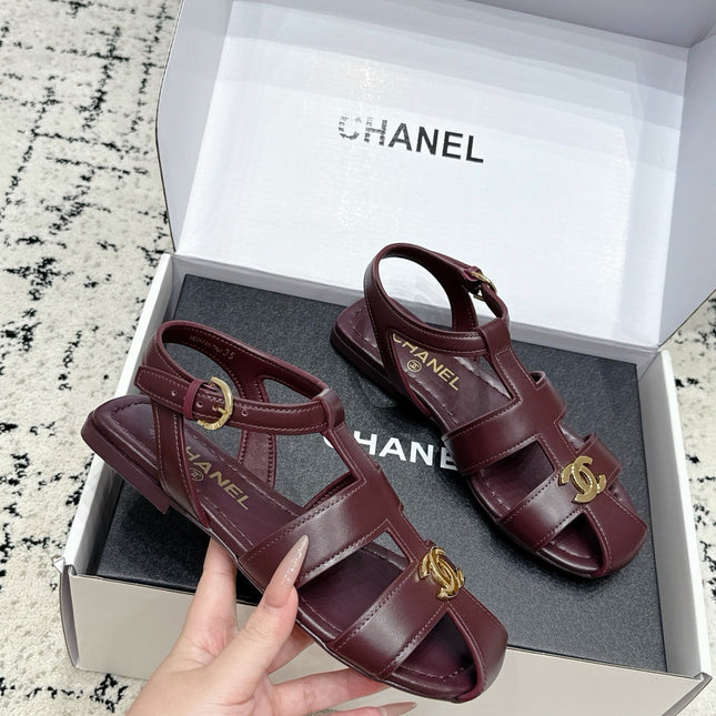 CHANEL 26S SANDALS IN DARK RED CALFSKIN WITH GOLD HARDWARE