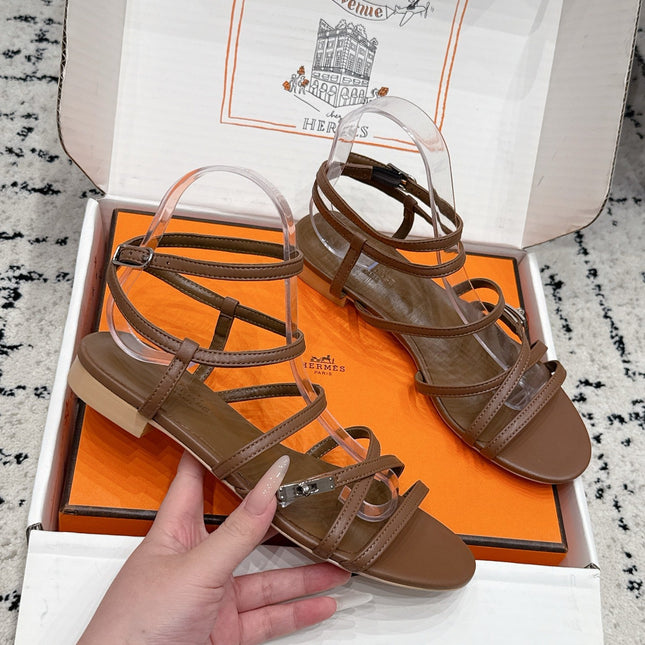 HM 26S STRAPPY SANDALS IN COFFEE BROWN CALFSKIN SILVER HARDWARE
