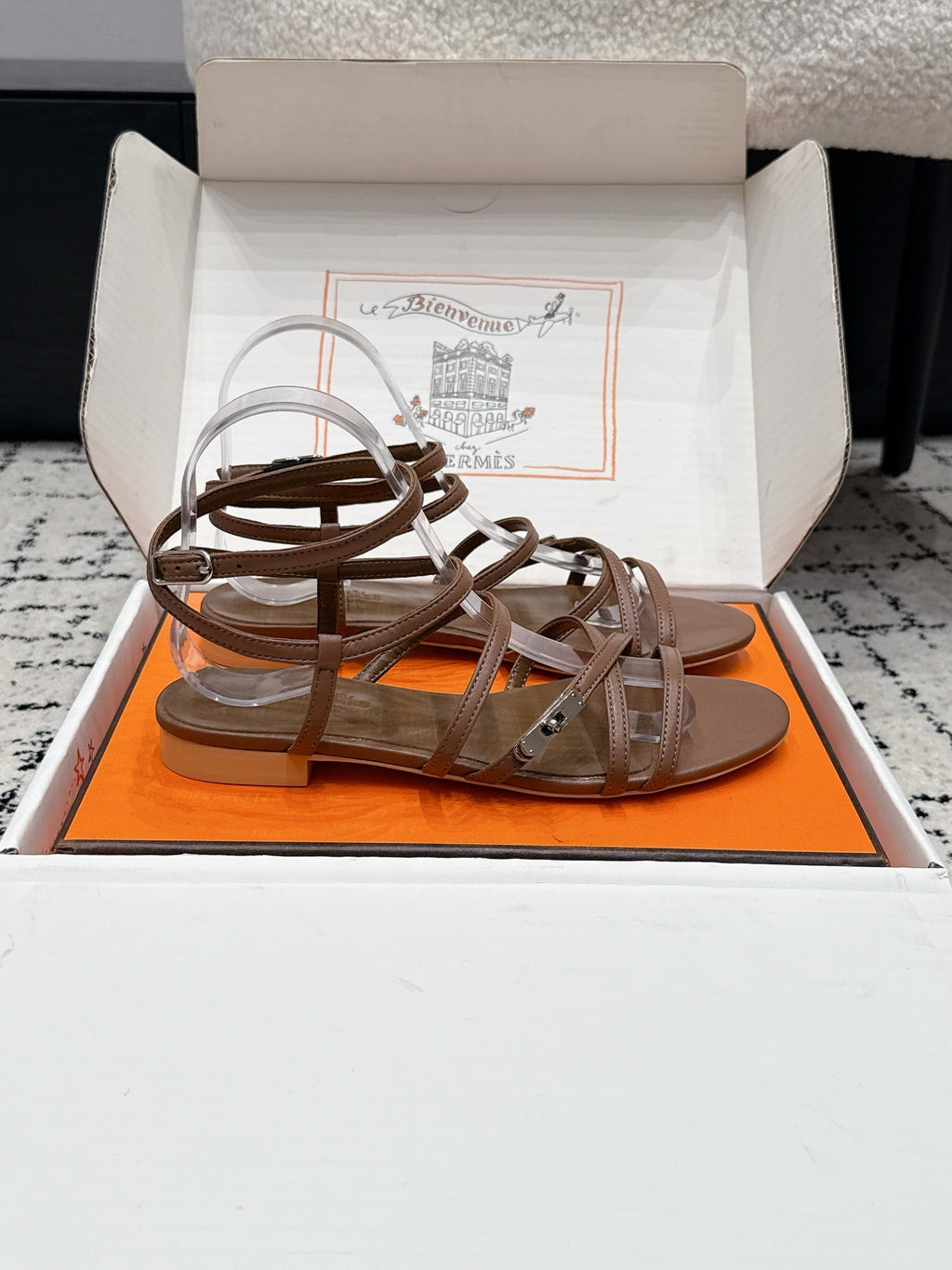 HM 26S STRAPPY SANDALS IN COFFEE BROWN CALFSKIN SILVER HARDWARE