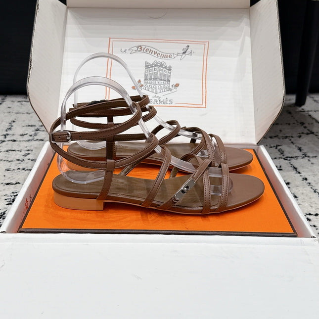 HM 26S STRAPPY SANDALS IN COFFEE BROWN CALFSKIN SILVER HARDWARE