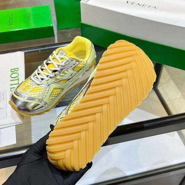 BOTTEGA VENETA 26S ORBIT SNEAKERS IN SILVER AND YELLOW TECHNICAL MESH