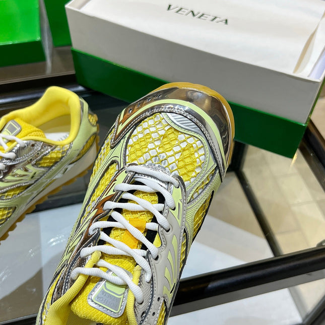 BOTTEGA VENETA 26S ORBIT SNEAKERS IN SILVER AND YELLOW TECHNICAL MESH