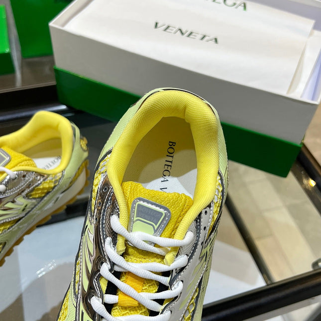 BOTTEGA VENETA 26S ORBIT SNEAKERS IN SILVER AND YELLOW TECHNICAL MESH