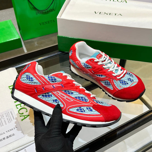 BOTTEGA VENETA 26S ORBIT SNEAKERS IN RED TECHNICAL MESH AND SUEDE
