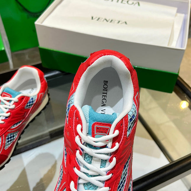BOTTEGA VENETA 26S ORBIT SNEAKERS IN RED TECHNICAL MESH AND SUEDE