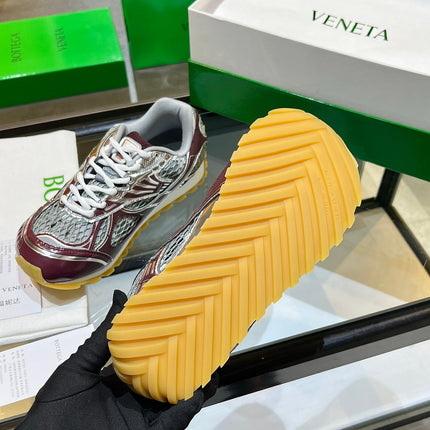 BOTTEGA VENETA 26S ORBIT SNEAKERS IN SILVER AND DARK RED TECHNICAL MESH