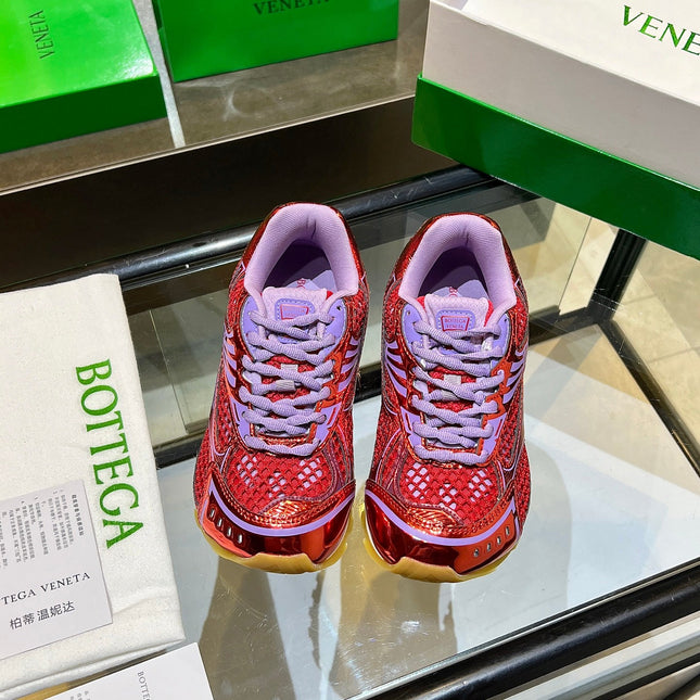 BOTTEGA VENETA 26S ORBIT SNEAKERS IN RED AND PURPLE TECHNICAL MESH