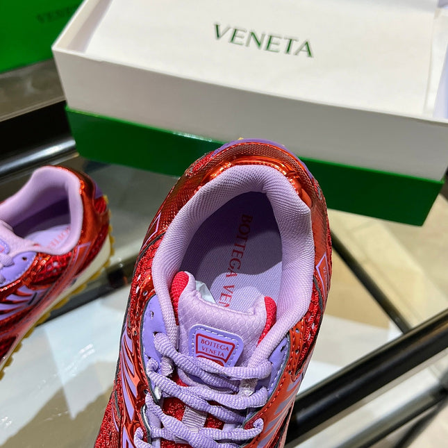 BOTTEGA VENETA 26S ORBIT SNEAKERS IN RED AND PURPLE TECHNICAL MESH