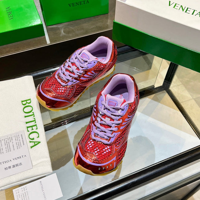 BOTTEGA VENETA 26S ORBIT SNEAKERS IN RED AND PURPLE TECHNICAL MESH