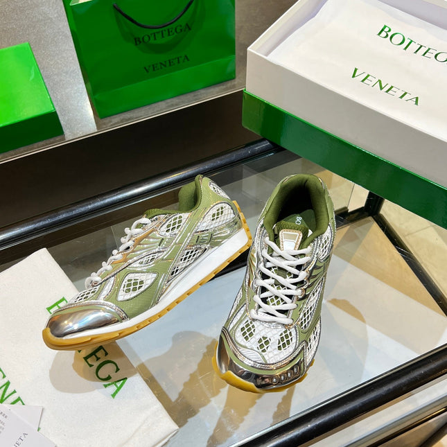 BOTTEGA VENETA 26S ORBIT SNEAKERS IN SILVER AND MOSS GREEN TECHNICAL MESH