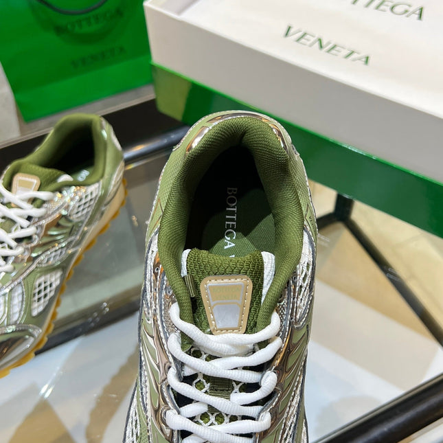 BOTTEGA VENETA 26S ORBIT SNEAKERS IN SILVER AND MOSS GREEN TECHNICAL MESH
