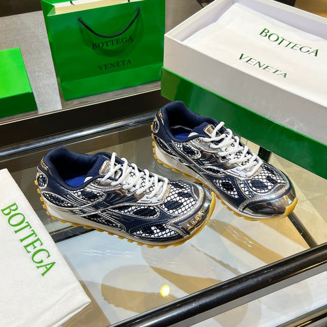 BOTTEGA VENETA 26S ORBIT SNEAKERS IN SILVER AND NAVY BLUE TECHNICAL MESH