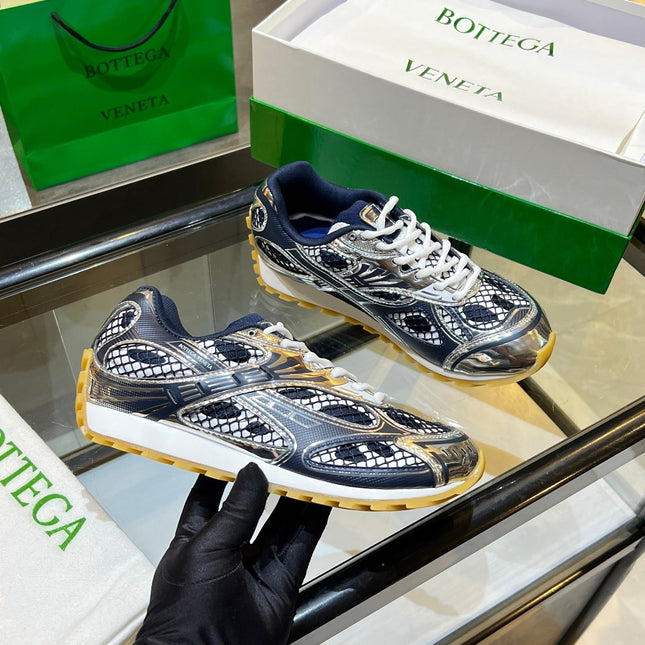BOTTEGA VENETA 26S ORBIT SNEAKERS IN SILVER AND NAVY BLUE TECHNICAL MESH