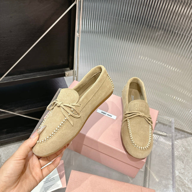 MIUMIU 26S LOAFERS IN LIGHT BROWN SUEDE WITH BOW