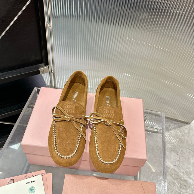 MIUMIU 26S LOAFERS IN TAN BROWN SUEDE WITH BOW