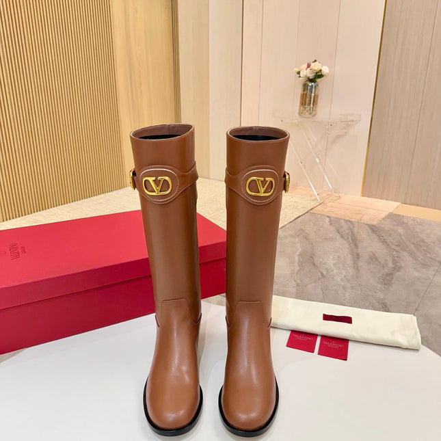 VALENTINO 26S TALL BOOTS IN COGNAC BROWN CALFSKIN