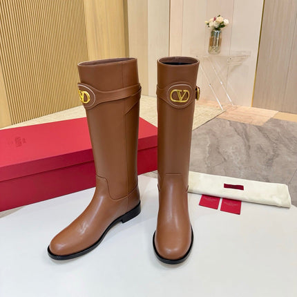 VALENTINO 26S TALL BOOTS IN COGNAC BROWN CALFSKIN