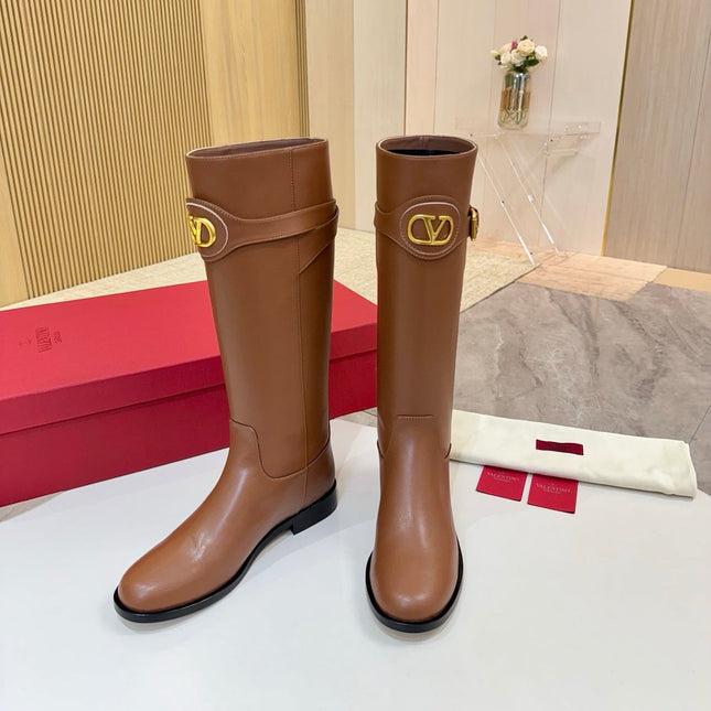 VALENTINO 26S TALL BOOTS IN COGNAC BROWN CALFSKIN