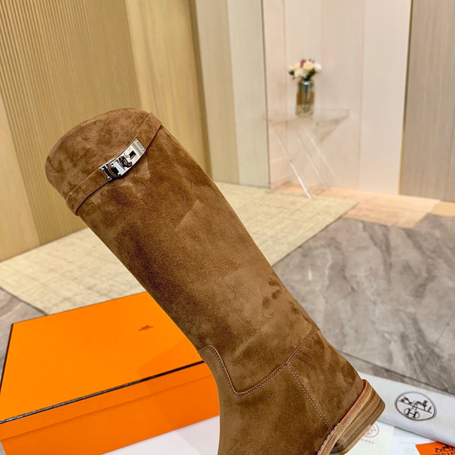 HM 25S JUMPING KNEE-HIGH BOOTS IN BROWN SUEDE WITH SILVER HARDWARE