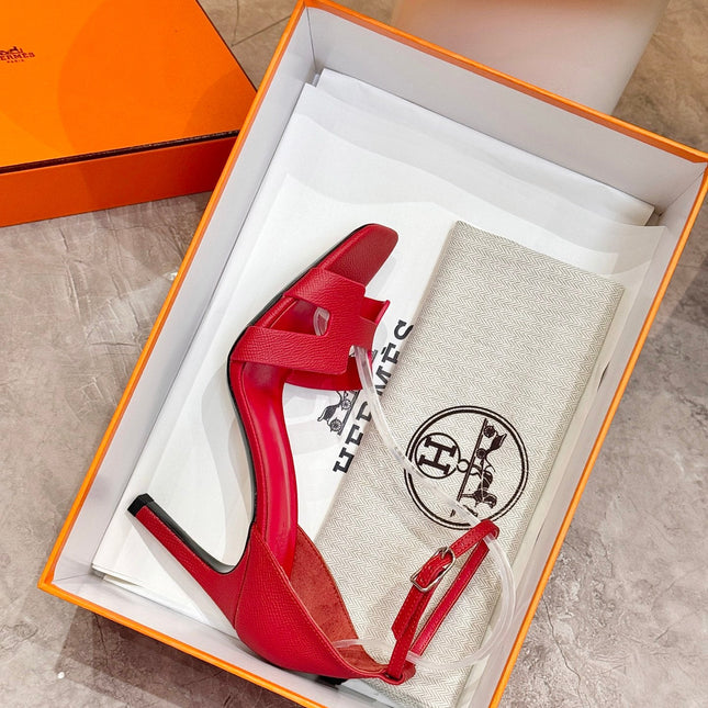 HM 26S H HIGH HEEL SANDALS 90MM IN DEEP RED GRAINED CALFSKIN
