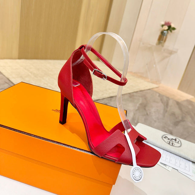 HM 26S H HIGH HEEL SANDALS 90MM IN DEEP RED GRAINED CALFSKIN