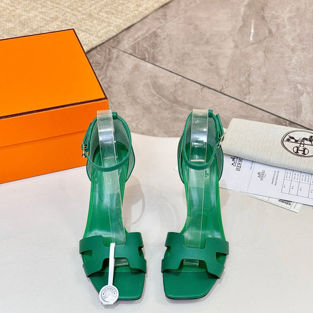 HM 26S H HIGH HEEL SANDALS 90MM IN GREEN GRAINED CALFSKIN