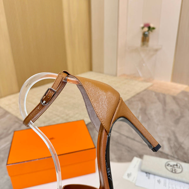 HM 26S H HIGH HEEL SANDALS 90MM IN TAN BROWN GRAINED CALFSKIN