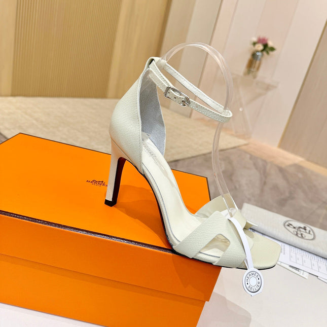 HM 26S H HIGH HEEL SANDALS 90MM IN IVORY WHITE GRAINED CALFSKIN