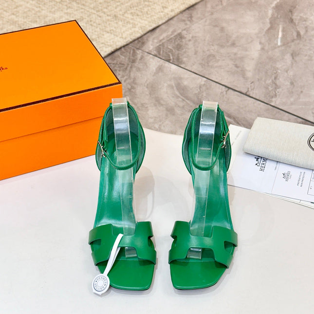 HM 26S H HIGH HEEL SANDALS 90MM IN GREEN CALFSKIN