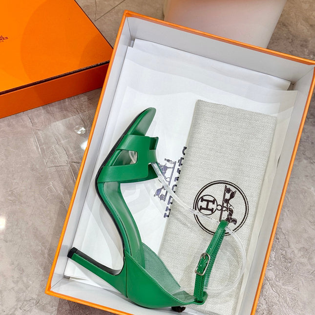 HM 26S H HIGH HEEL SANDALS 90MM IN GREEN CALFSKIN