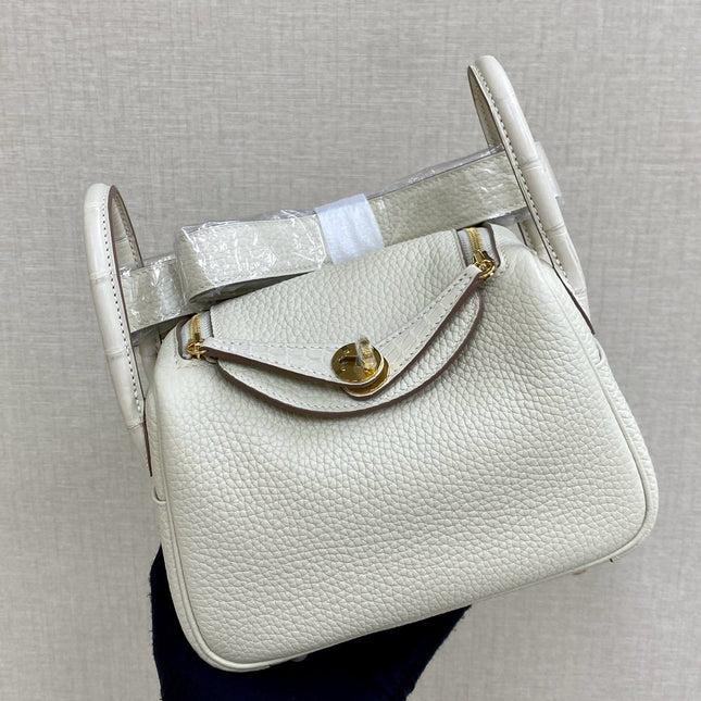 HM 25S MINI LINDY 19 CM IN CREAM WHITE COWHIDE WITH CROCODILE HANDLE AND GOLD HARDWARE