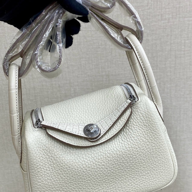 HM 25S MINI LINDY 19 CM IN CREAM WHITE COWHIDE WITH CROCODILE HANDLE AND SILVER HARDWARE