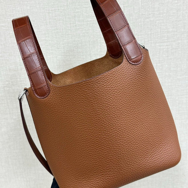 HM 25S PICOTIN LOCK 18 CM IN BROWN COWHIDE WITH CROCODILE HANDLE STYLE 4