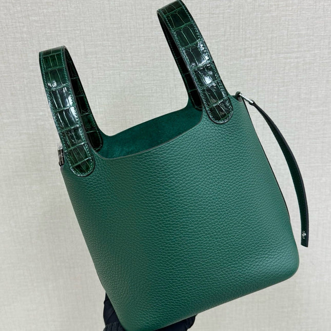 HM 25S PICOTIN LOCK 18 CM IN DARK GREEN COWHIDE WITH CROCODILE HANDLE STYLE 3