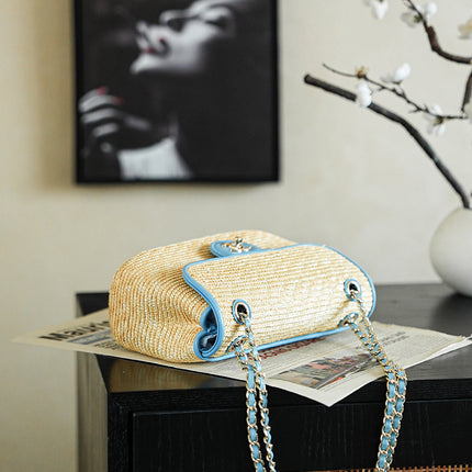 CHANEL 26S CLASSIC FLAP MEDIUM 23 IN NATURAL RAFFIA AND LIGHT BLUE CALFSKIN GOLD HARDWARE