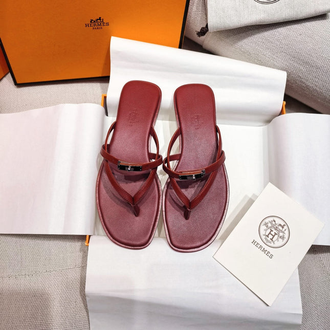 HM 26S KELLY BUCKLE THONG SANDALS IN DARK RED CALFSKIN SILVER HARDWARE