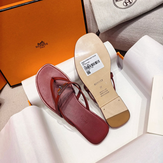 HM 26S KELLY BUCKLE THONG SANDALS IN DARK RED CALFSKIN SILVER HARDWARE