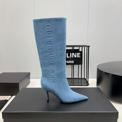 KNEE HIGH BOOTS 85 MM IN CERULEAN BLUE DENIM FABRIC