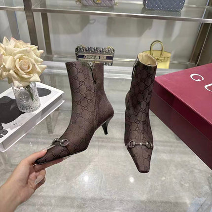 GUCCI 26S HORSEBIT ANKLE BOOTS 55 MM IN DARK BROWN GG CANVAS