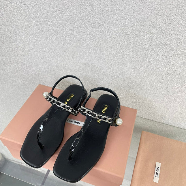 Pearl Chain Flip-Flops Black Color Leather