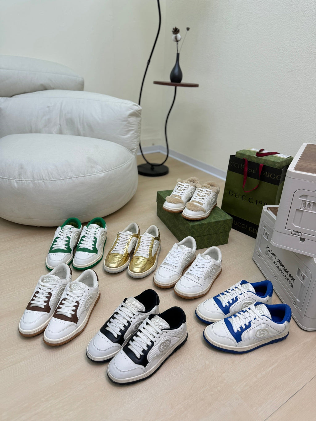 GG INTERLOCKING G SNEAKER WHITE BROWN CALFSKIN AND FABRIC
