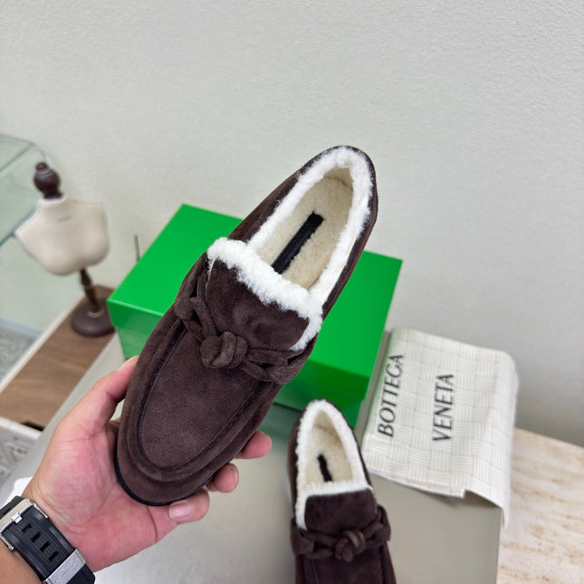 BOTTEGA VENETA 26S LOAFERS IN DARK BROWN SUEDE AND WHITE WOOL