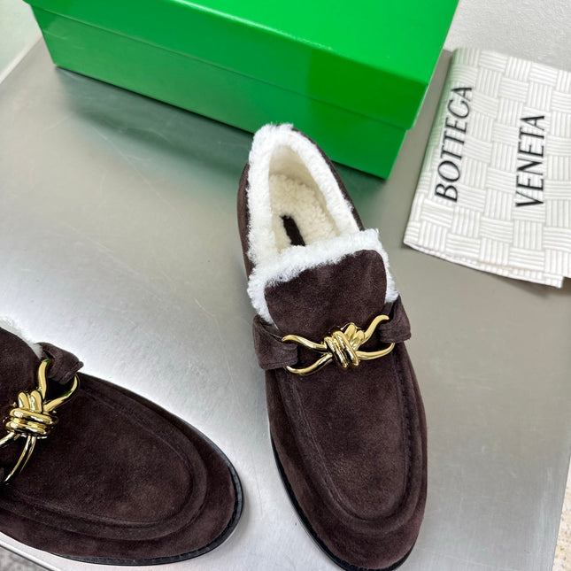 BOTTEGA VENETA 26S LOAFERS IN DARK BROWN SUEDE AND WHITE WOOL WITH GOLD HARDWARE
