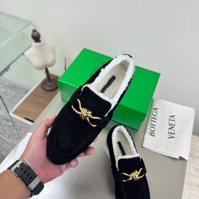 BOTTEGA VENETA 26S LOAFERS IN BLACK SUEDE AND WHITE WOOL WITH GOLD HARDWARE