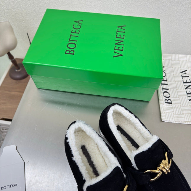 BOTTEGA VENETA 26S LOAFERS IN BLACK SUEDE AND WHITE WOOL WITH GOLD HARDWARE