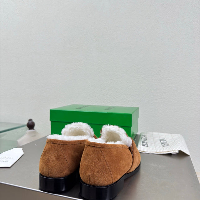 BOTTEGA VENETA 26S LOAFERS IN BROWN SUEDE AND WHITE WOOL WITH GOLD HARDWARE