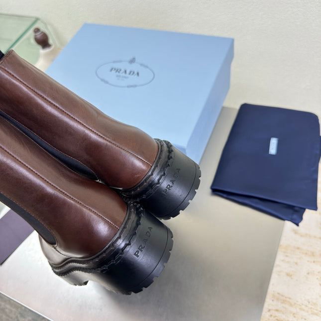 PRADA 25S PLATFORM CHELSEA BOOTS IN DARK BROWN CALFSKIN