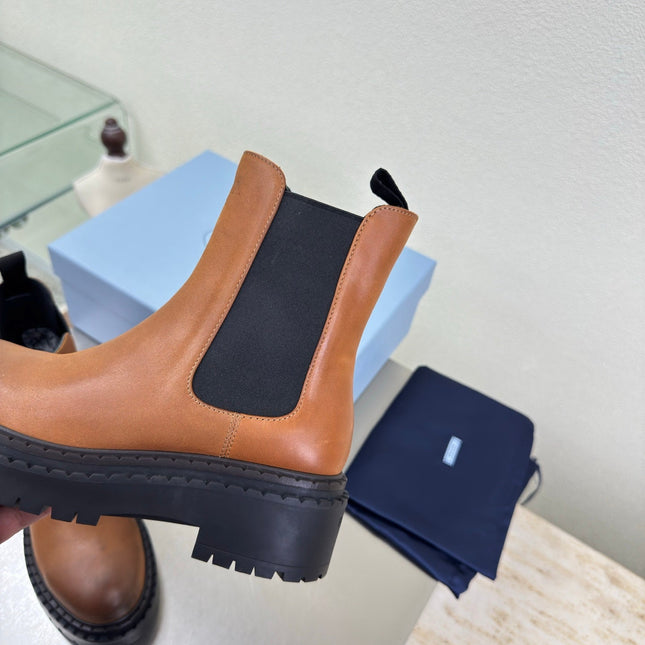 PRADA 25S PLATFORM CHELSEA BOOTS IN BROWN CALFSKIN